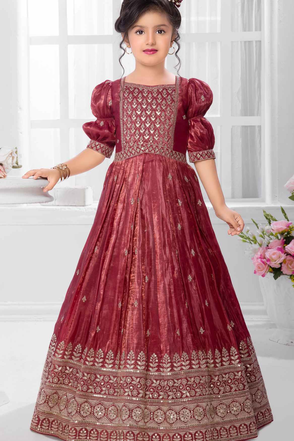 Maroon Sequins Work And Zari Embroidered Ethnic Gown For Girls 3-4Y (20) Maroon Sequins Work And Zari Embroidered Ethnic Gown For Girls 3-4Y (20)