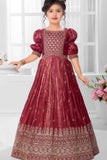 Maroon Sequins Work And Zari Embroidered Ethnic Gown For Girls