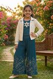 Teal Co-ord Set with Cream Lace Jacket & Floral Motif Top For Girls