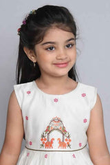 Off White Sleeveless Chanderi Silk Embroidered Frock For Girls