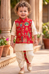 Boys Ivory And Red Printed Waistcoat Dhoti Kurta Set