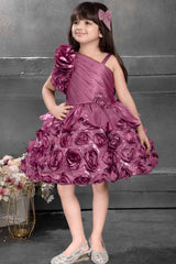 Wine Sequin Designer Party Frock With Flower Embellishments For Girls