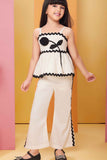 Cream Sleeveless With Black Flower Embellished Top And Pant Set For Girls