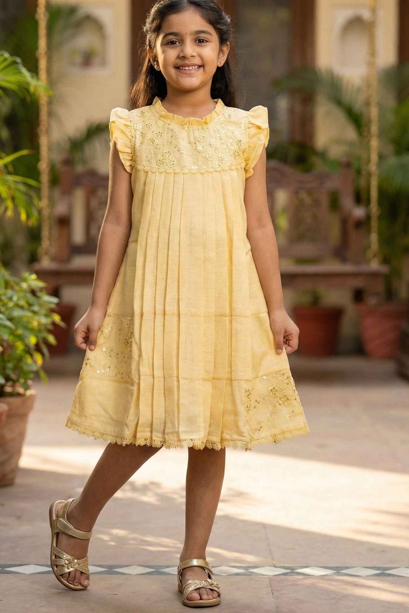 Yellow Embroidered Pleated Frock For Girls