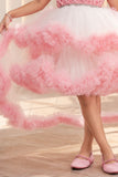 Peach High-Low Party Wear Tulle Frock with Ruffle Layers For Girls