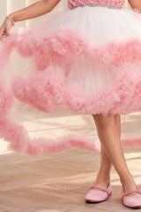 Peach High-Low Party Wear Tulle Frock with Ruffle Layers For Girls