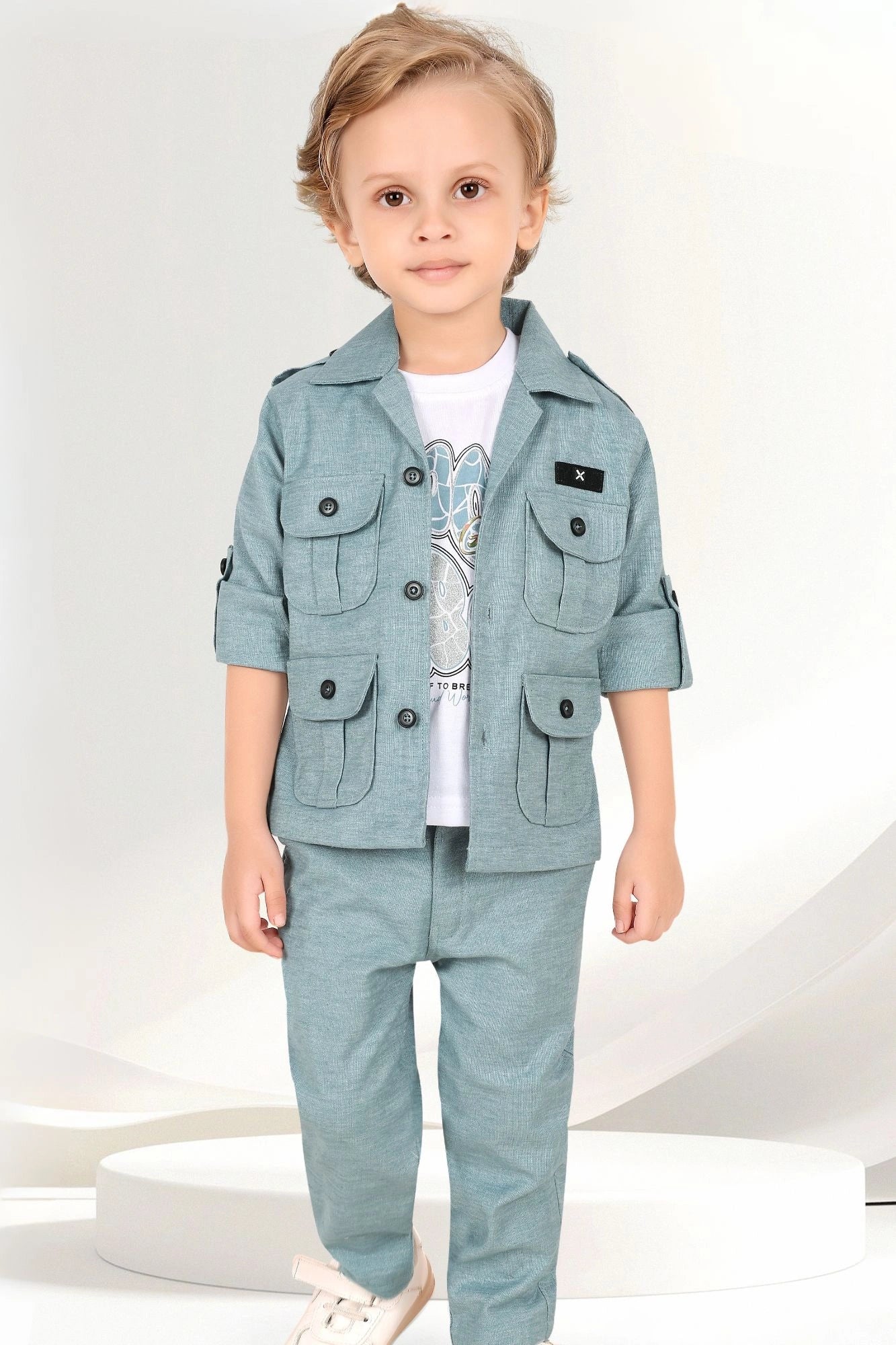 Stylish Sea Green Co-ord Set with Printed T-Shirt and Utility Jacket For Boys