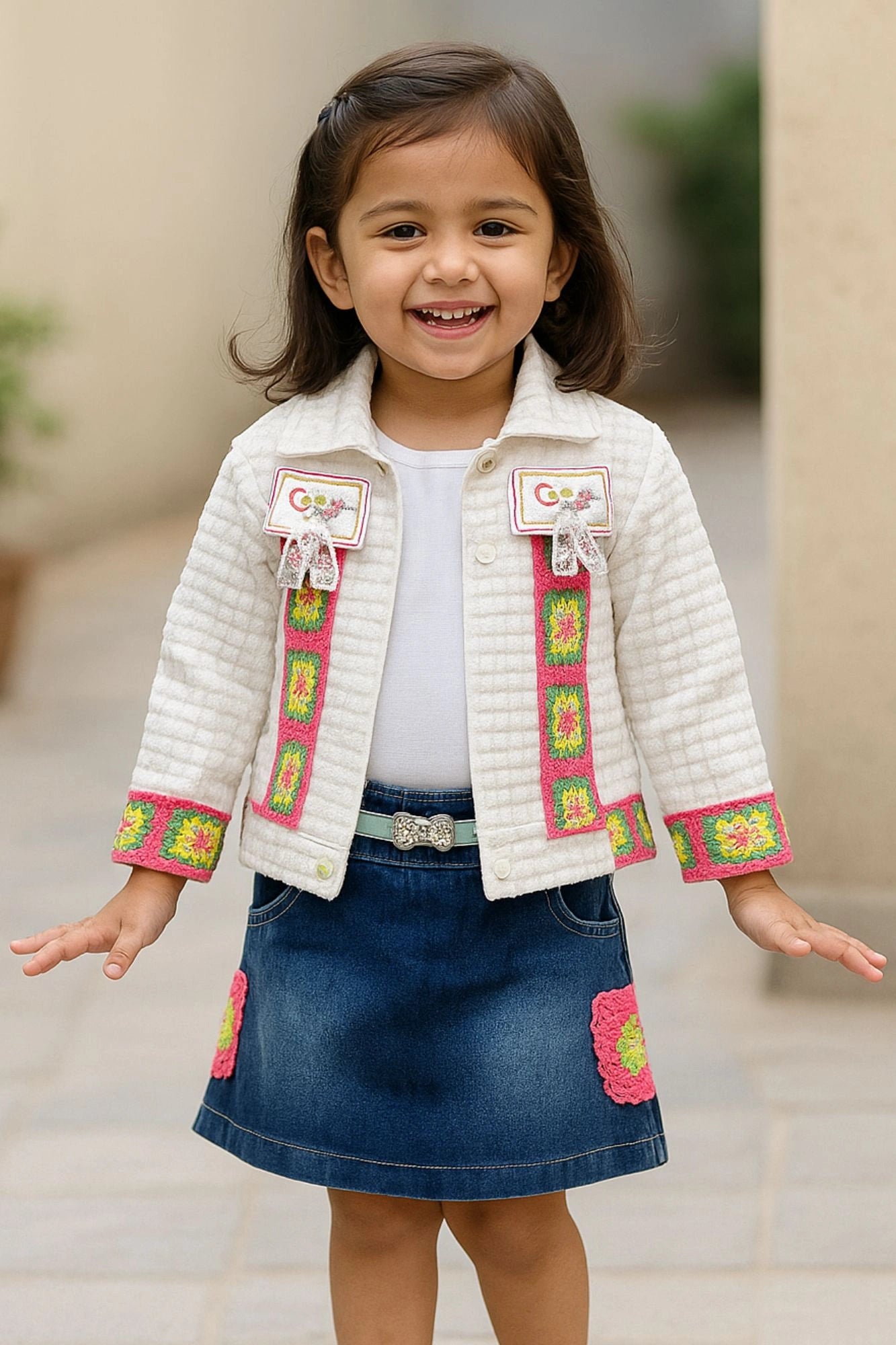Denim Skirt Set with Embroidered Cream Jacket For Girls