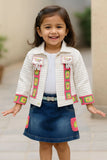 Denim Skirt Set with Embroidered Cream Jacket For Girls