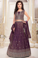 Wine Sequin and Embroidery Lehenga Choli Set For Girls