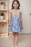 Blue Floral Printed With Fawn Overcoat With Floral Embellished Dress For Girls