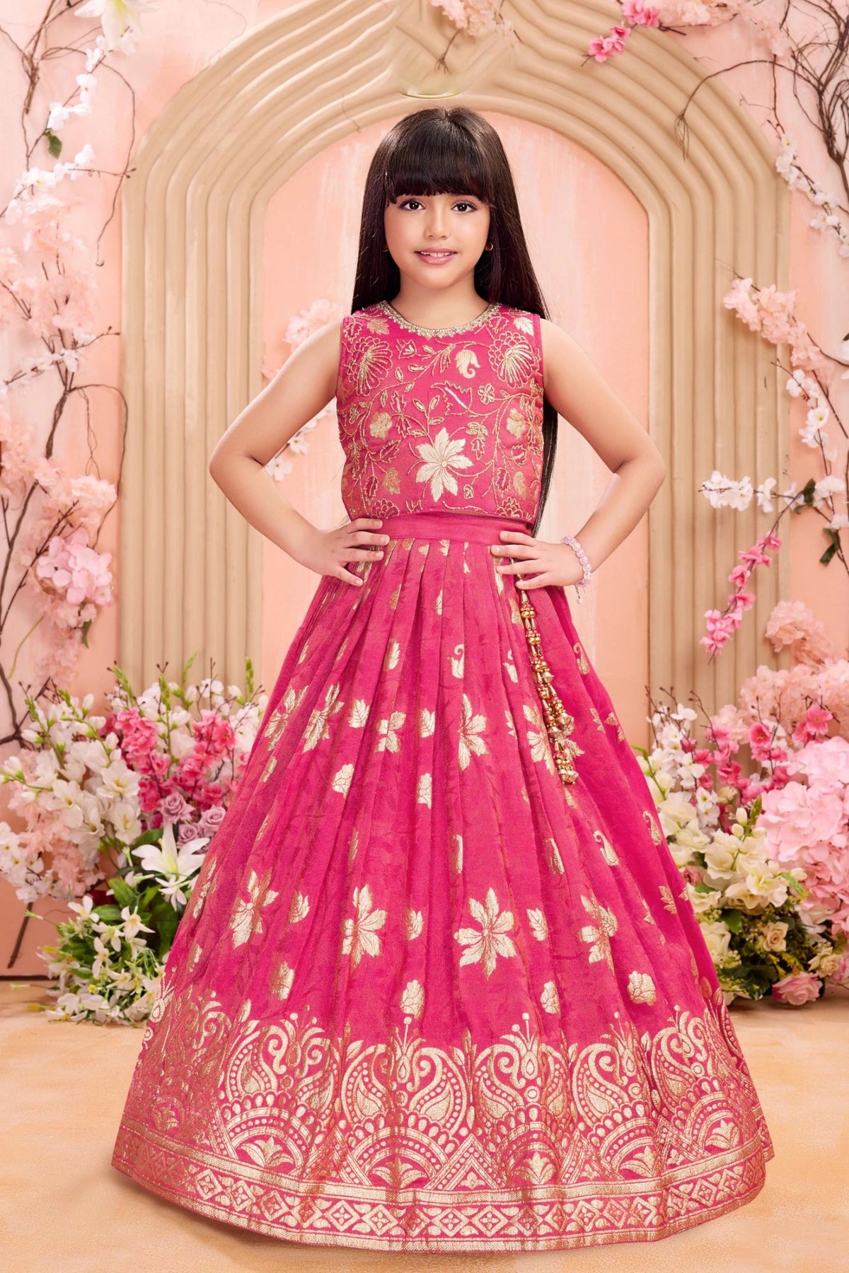 Rani Pink Embroidered Lehenga Choli For Girls