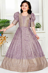 Ethnic Lavender Puff Sleeves With Bead Embroidered Gown For Girls