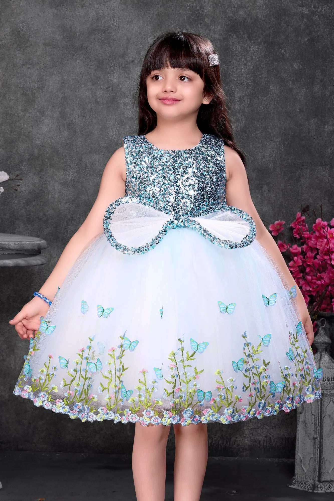 Blue Sequin Bodice Party Wear Frock with Butterfly Print Skirt For Girls