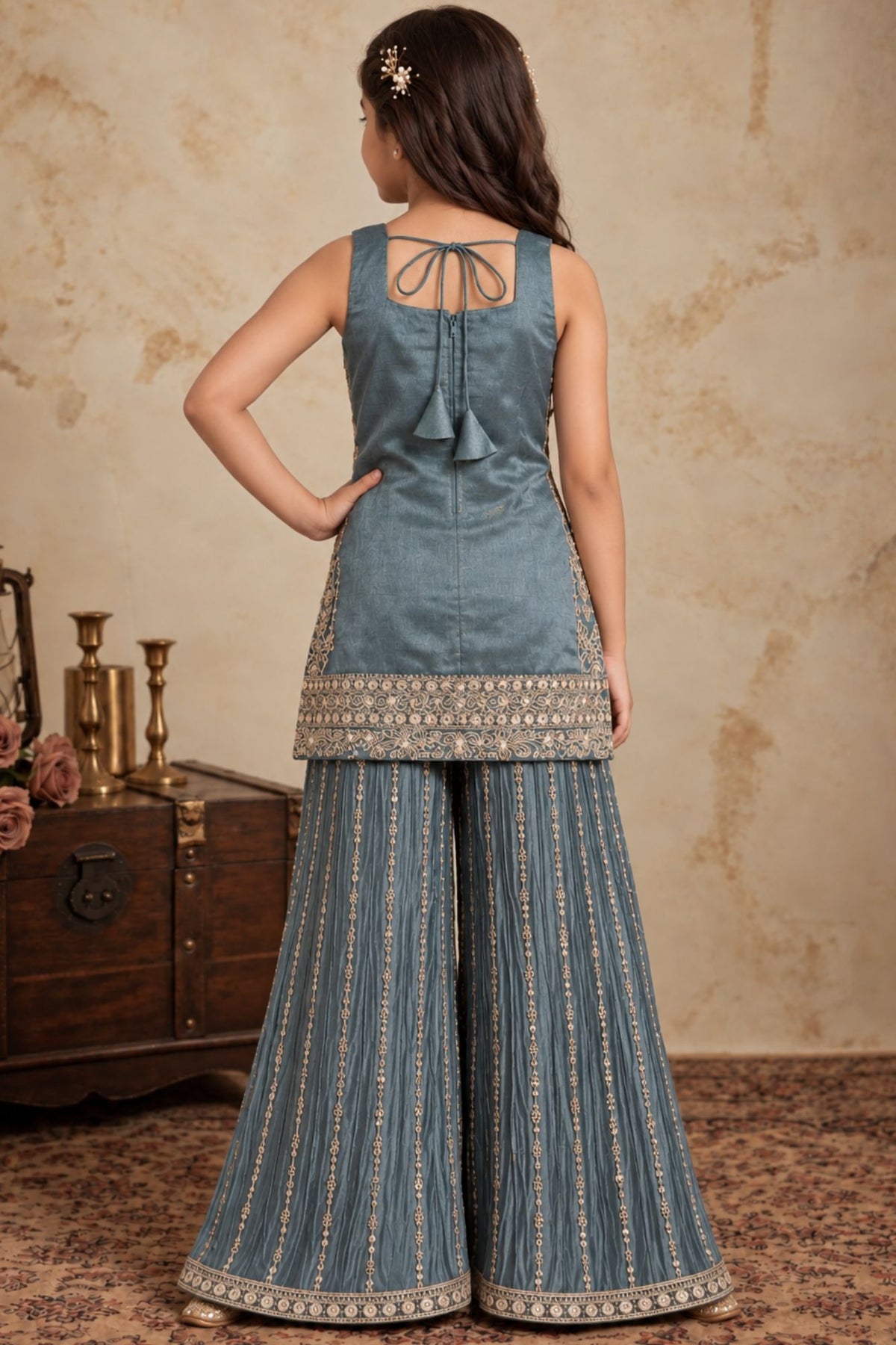 Blue Designer Embroidered Palazzo Set For Girls