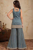 Blue Designer Embroidered Palazzo Set For Girls