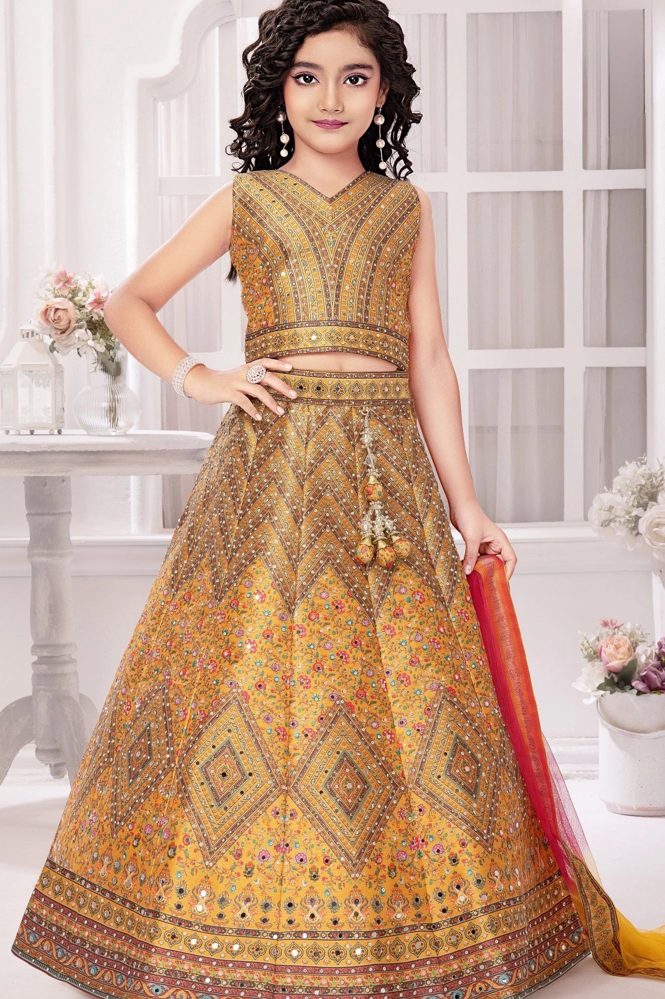 Golden Yellow Mirror Work Lehenga Choli with Dupatta For Girls