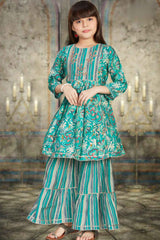 Green Floral Printed And Embroidered Sharara Set For Girls