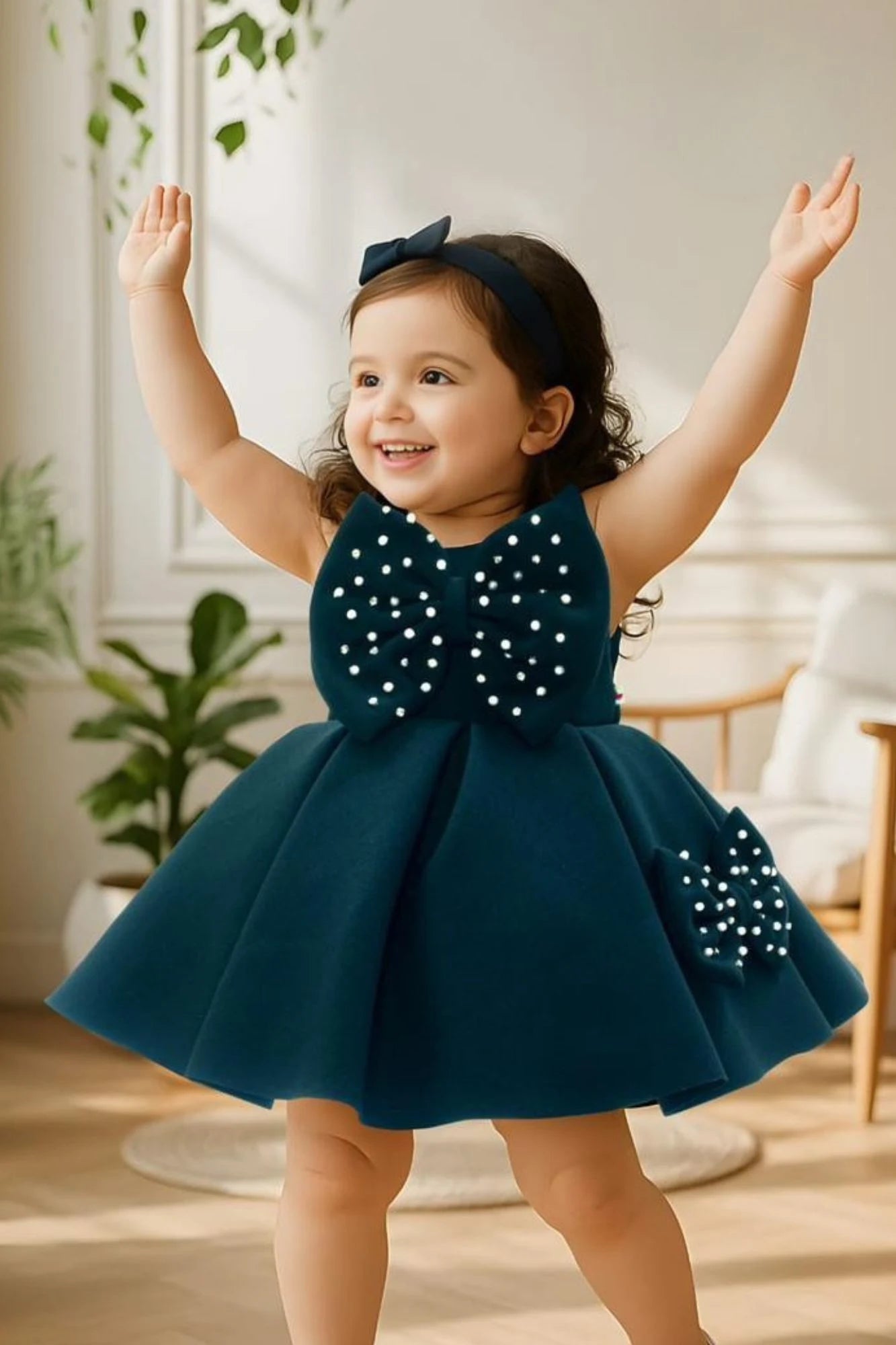 Bottle Green Party Frock With Pearl-Studded Bows For Girls