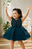 Bottle Green Party Frock With Pearl-Studded Bows For Girls