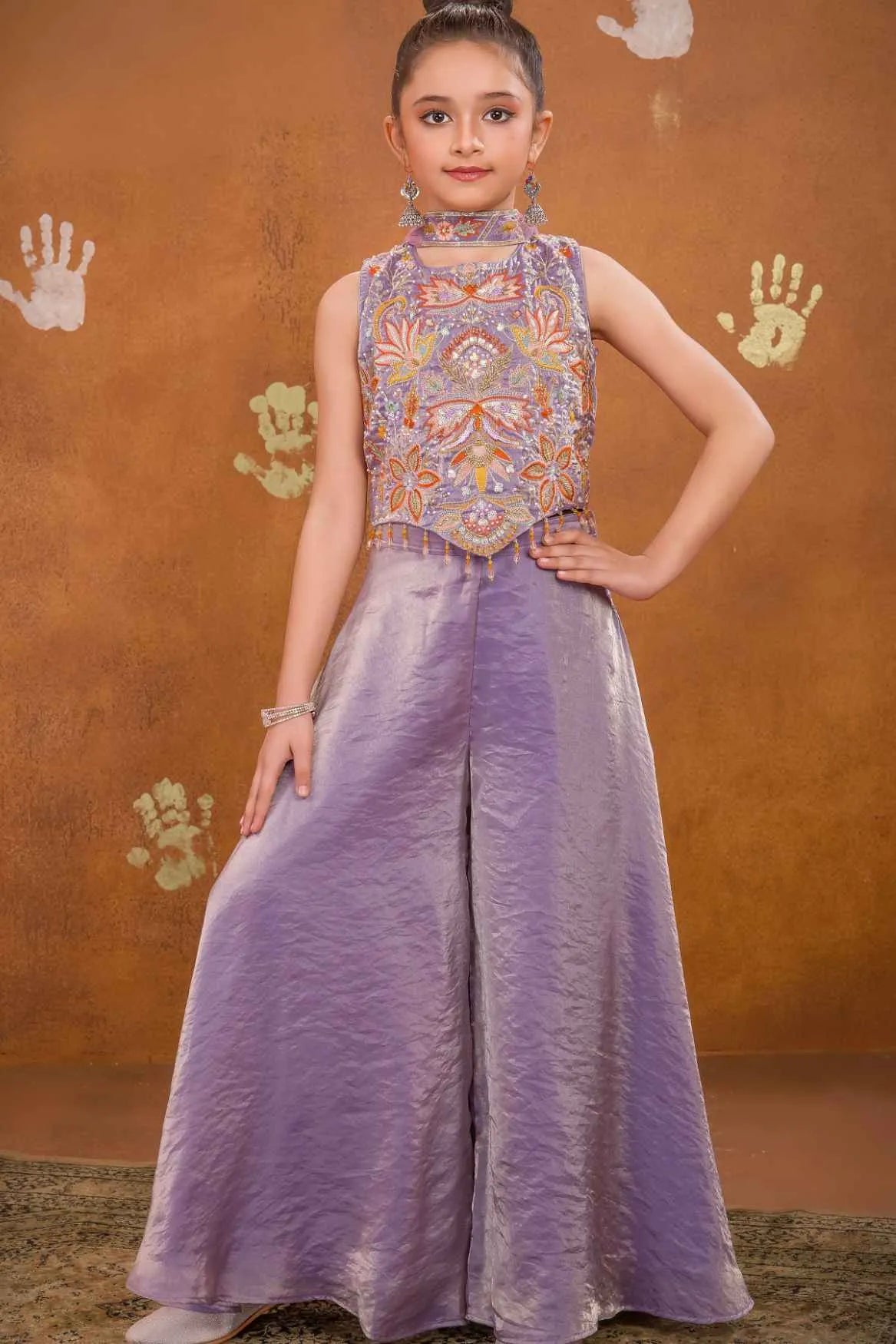 Lavender Embroidered Palazzo Set For Girls