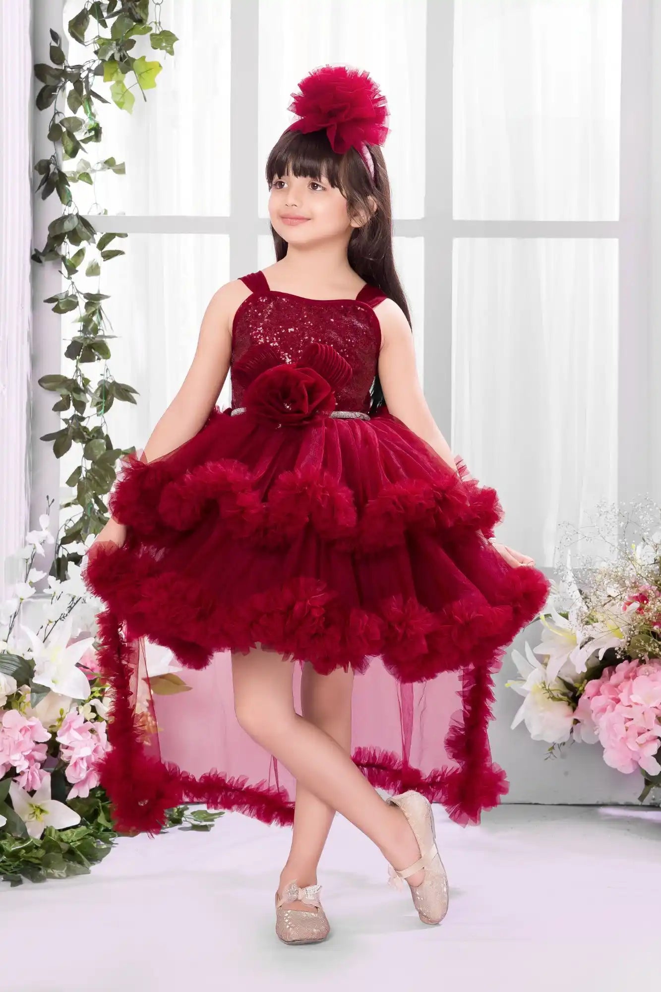 Maroon Party Frock with Sequin Bodice And Ruffle Layers For Girls