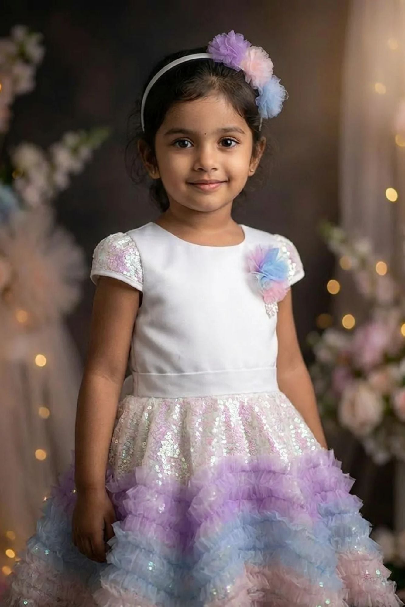 Girls White Rainbow Ruffle Party Frock with Sequin Flare