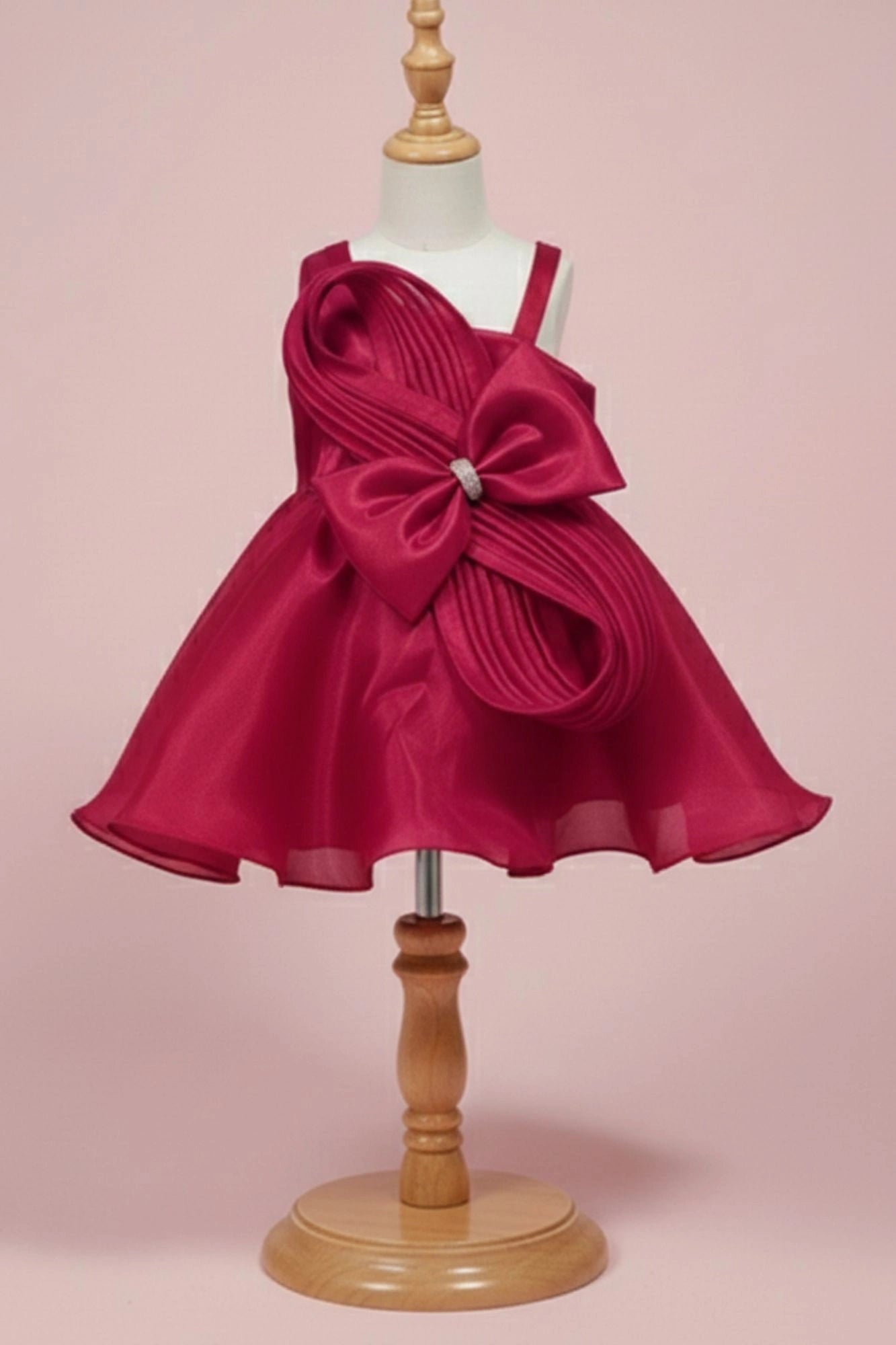 Rani Pink Embellished Party Frock with Pleated Petal Bow For Girls