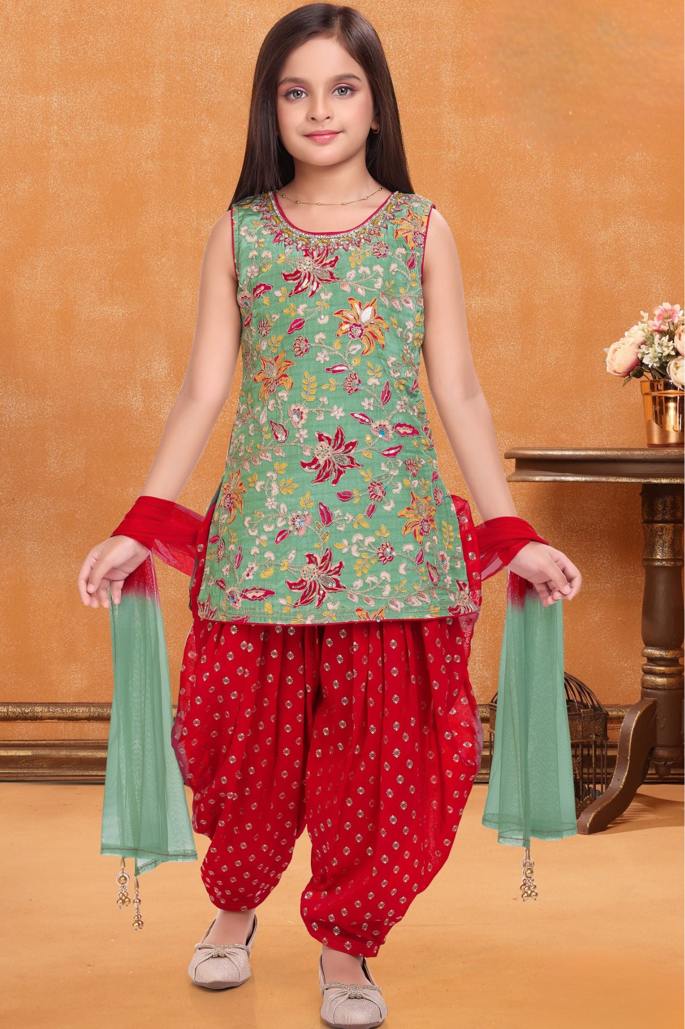 Mint Green Embroidered Patiala And Dupatta For Girls
