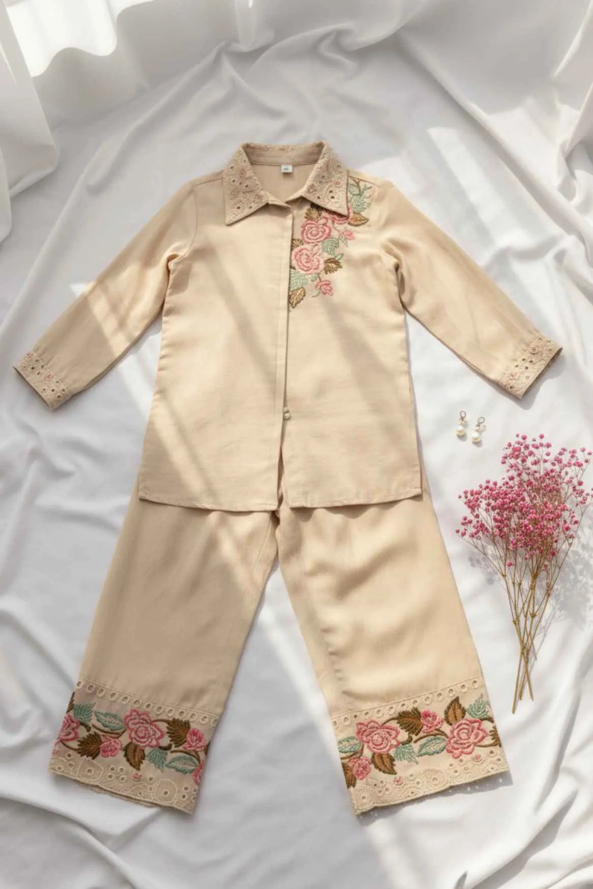 Beige Embroidered Ethnic Co-Ord Set For Girls
