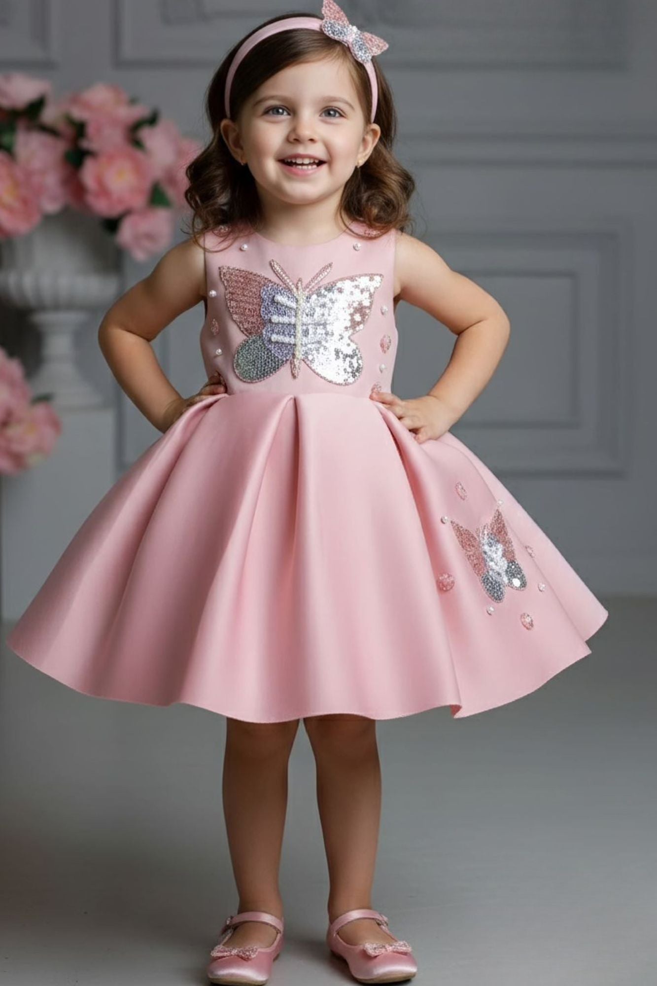 Dusty Pink Butterfly Sequin Party Frock For Girls