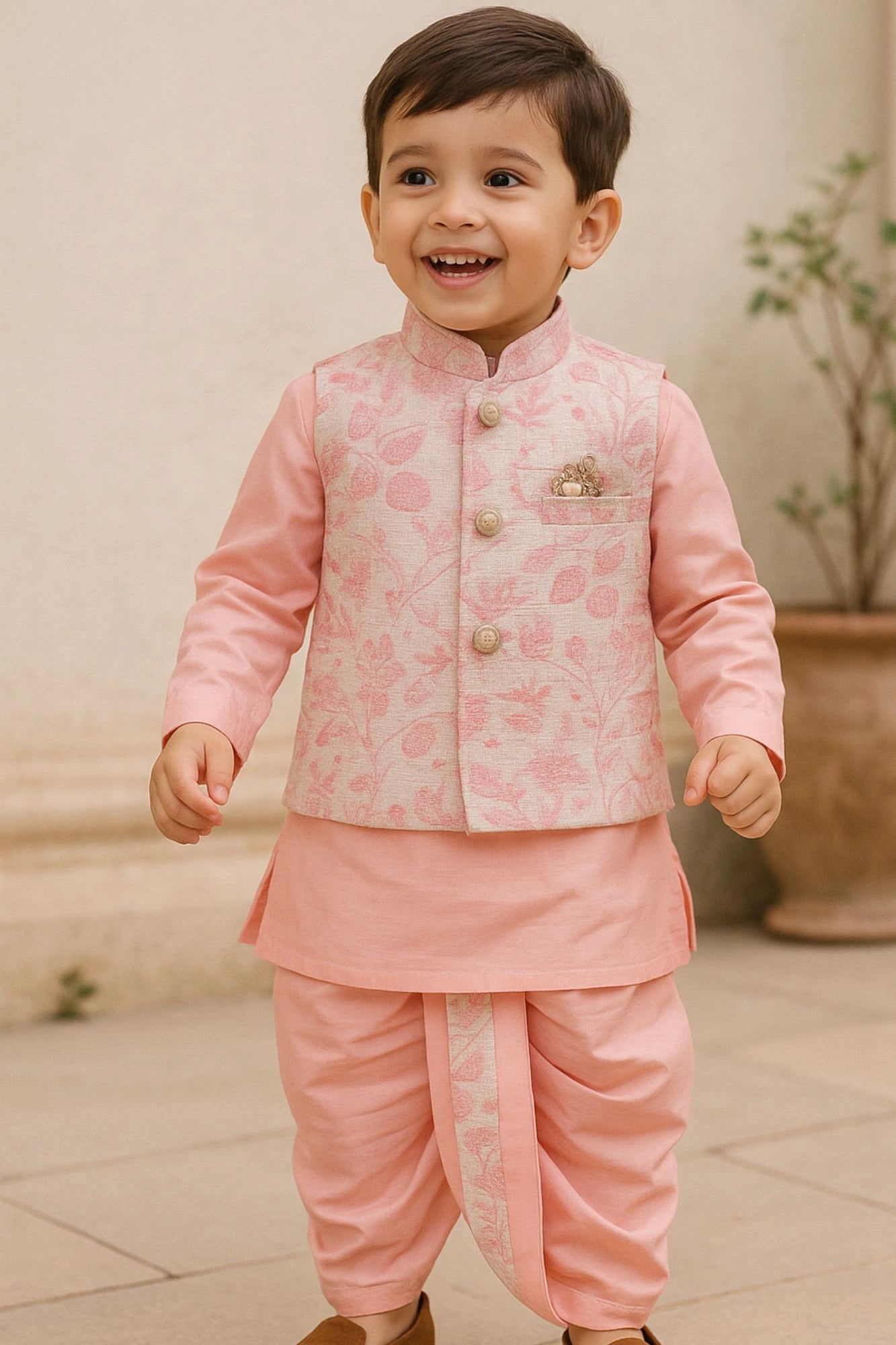 Baby Pink Dhoti Kurta Set With Sequins Embroidered Nehru Jacket For Boys