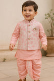Baby Pink Dhoti Kurta Set With Sequins Embroidered Nehru Jacket For Boys