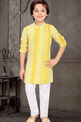 Yellow Thread Work Kurta And White Pant Set For Boys