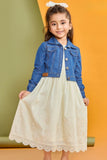 Ivory Butterfly Embroidered Dress with Denim Jacket For Girls