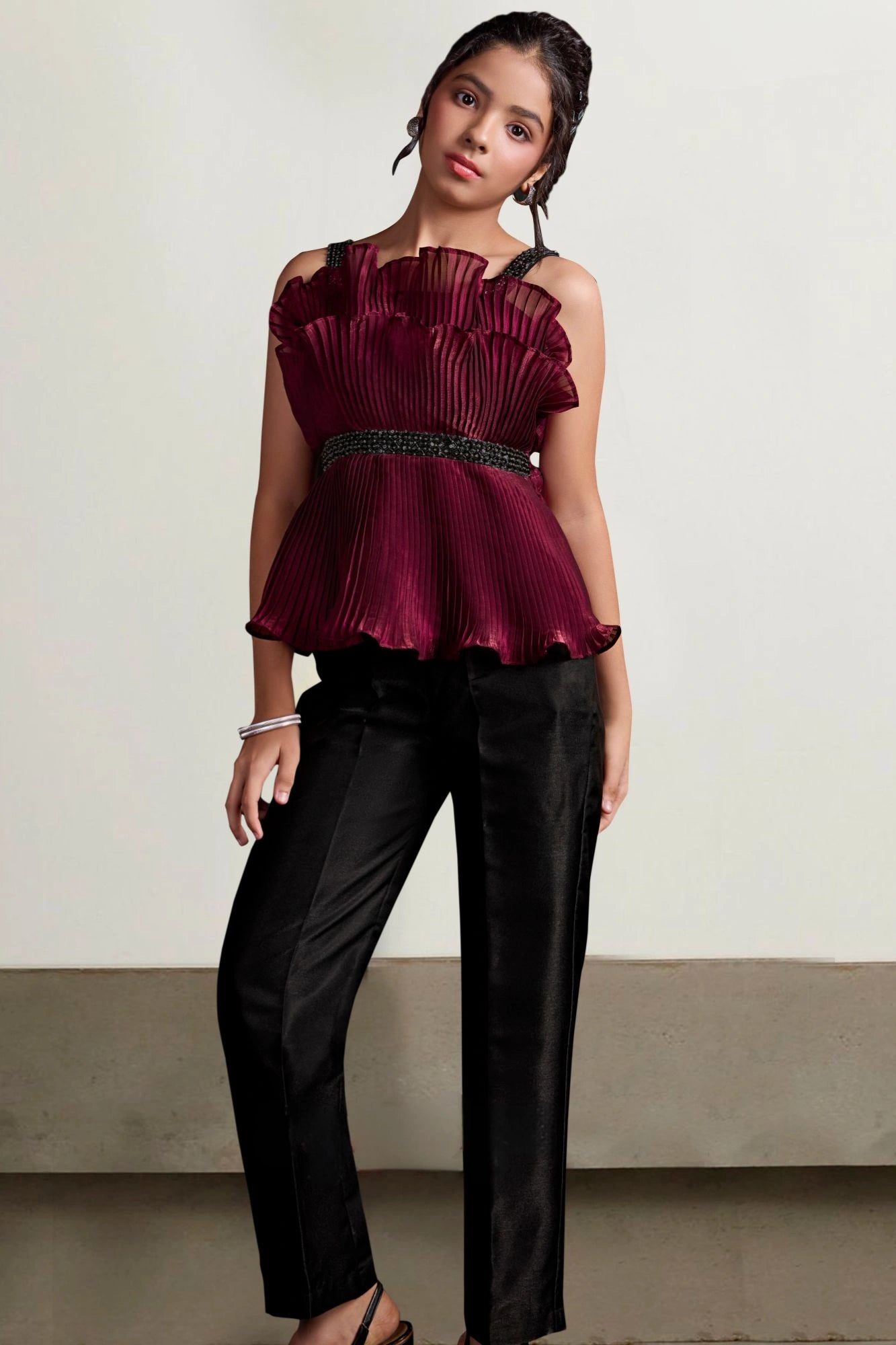 Metallic Maroon  Pleated Top with Pants For Girls