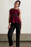 Metallic Maroon  Pleated Top with Pants For Girls