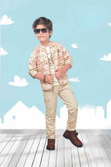 White Printed T Shirt With Fawn Pant And Reversible Jacket Set For Boys