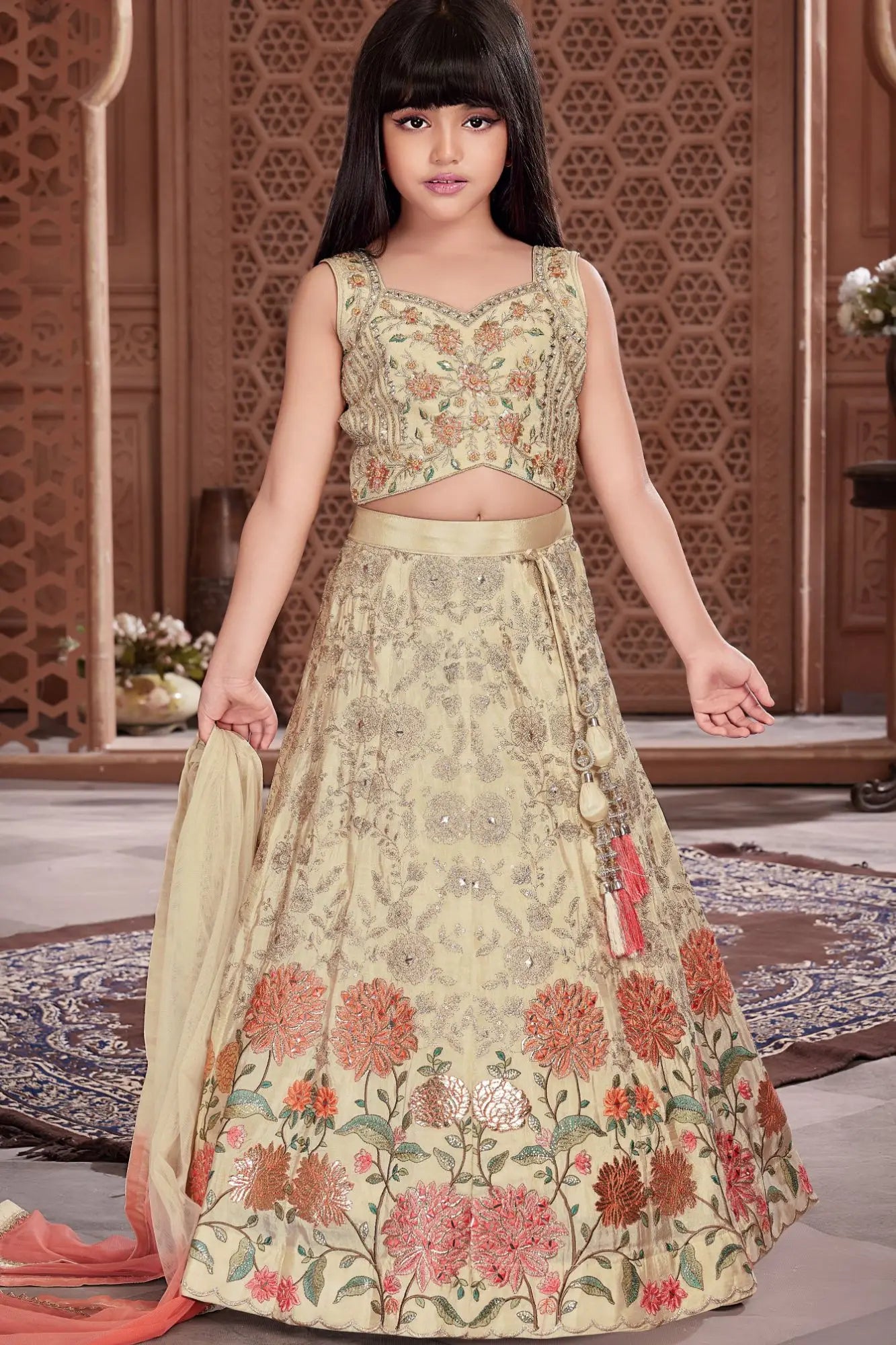 Cream Floral Embroidered Lehenga Choli Set with Dupatta For Girls