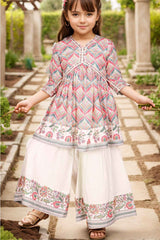 Cream Floral Printed Ethnic Sharara Set For Girls