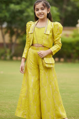 Lime Yellow Embroidered Top And Palazzo Set With Jacket For Girls