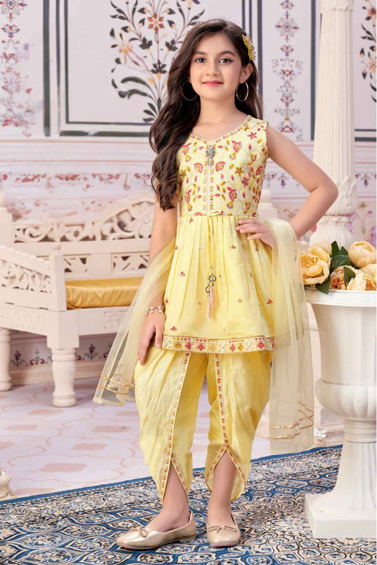 Yellow Sleeveless With Sequins Embroidered Dhoti Set For Girls