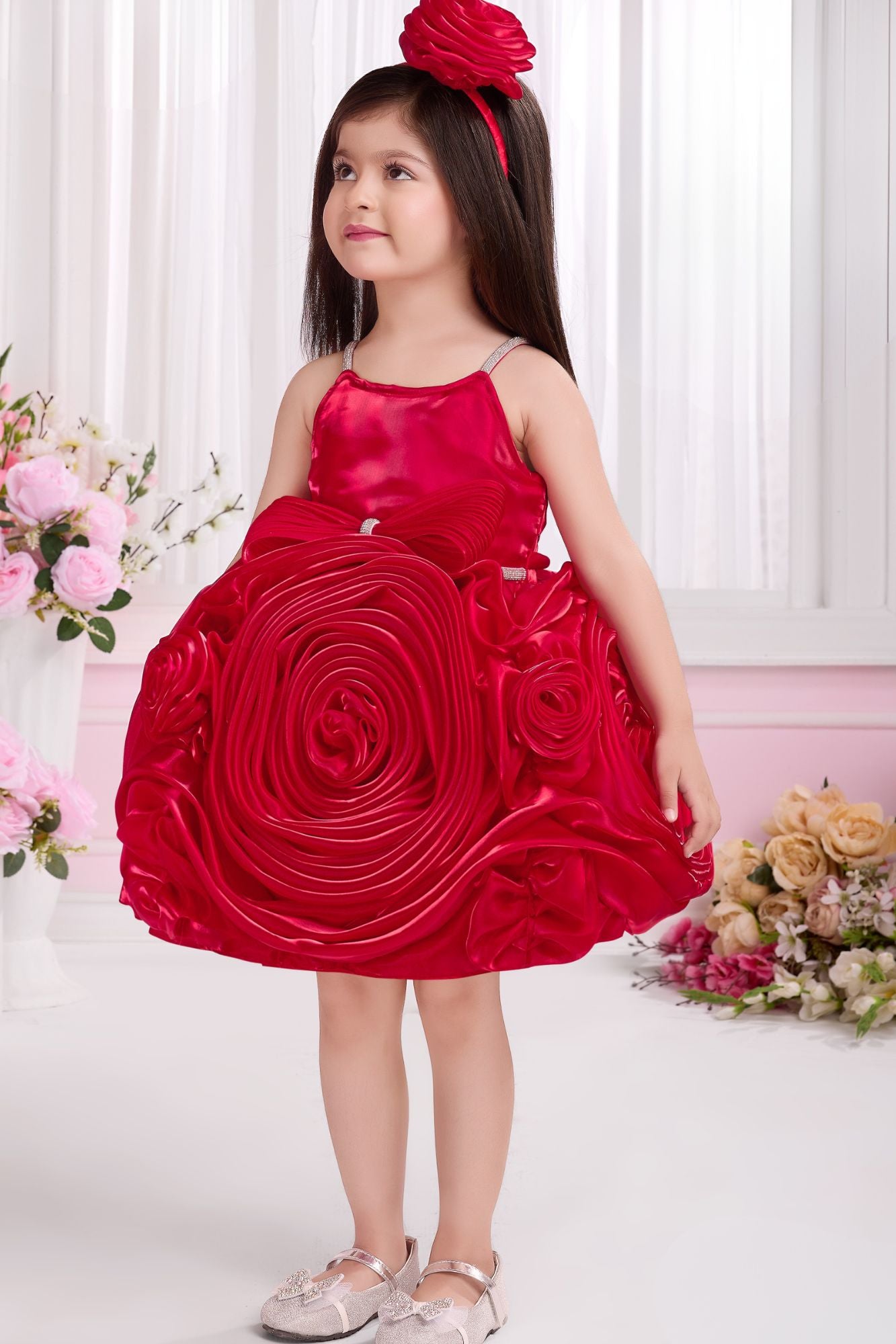 Red Rosette Party Wear Frock for Girls