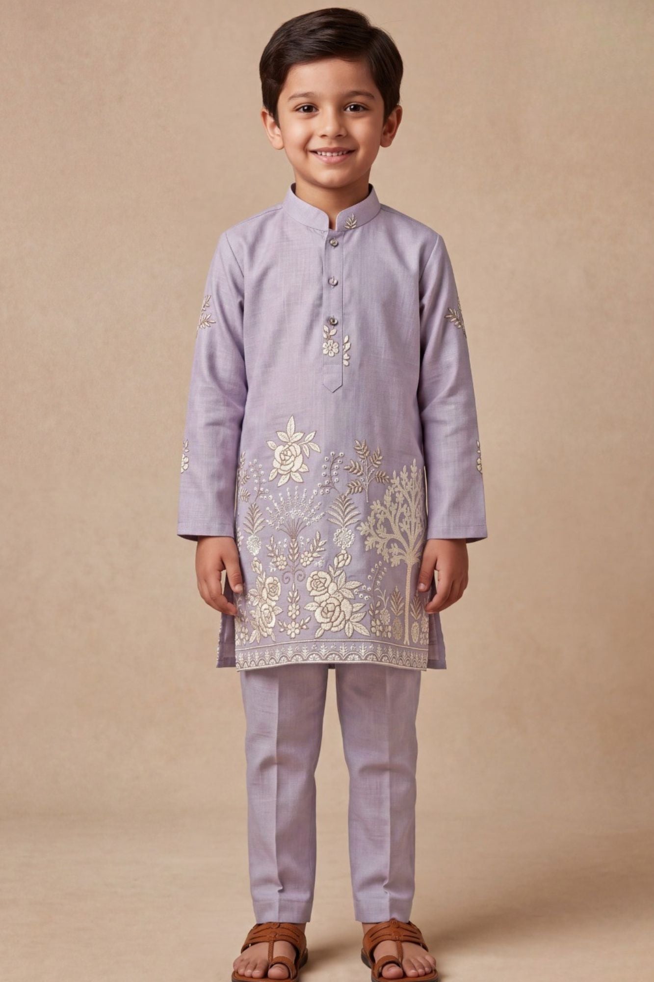 Boys Lavender Kurta Pajama Set With Floral Thread Embroidery