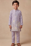 Boys Lavender Kurta Pajama Set With Floral Thread Embroidery