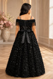 Girls Black Off-Shoulder Sequined Party Wear Gown with Fringe And Textured Flared Skirt