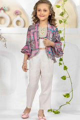 Pink Floral Printed Overcoat And Cream Crop Top With Pant Set For Girls