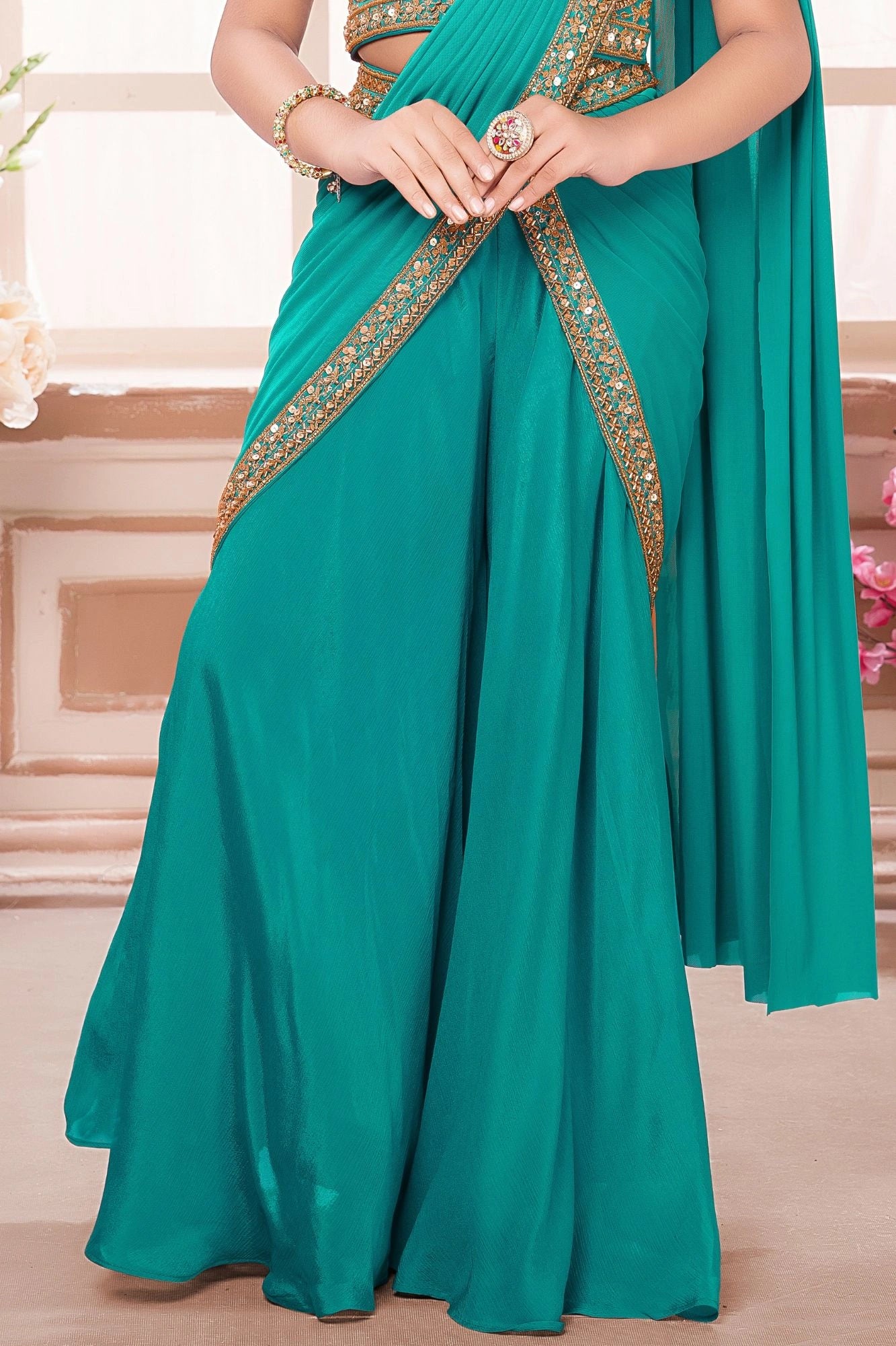 Teal Green Draped Palazzo Saree with Embroidered Blouse For Girls