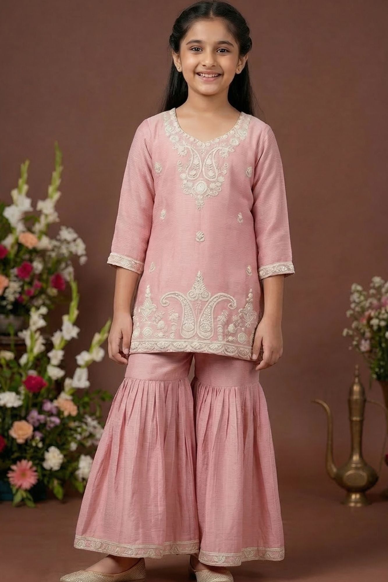 Dusty Pink Embroidered Sharara Set For Girls