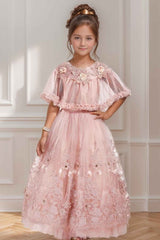 Pink Sequin Net Party Wear Gown With Ruffled Cape For Girls